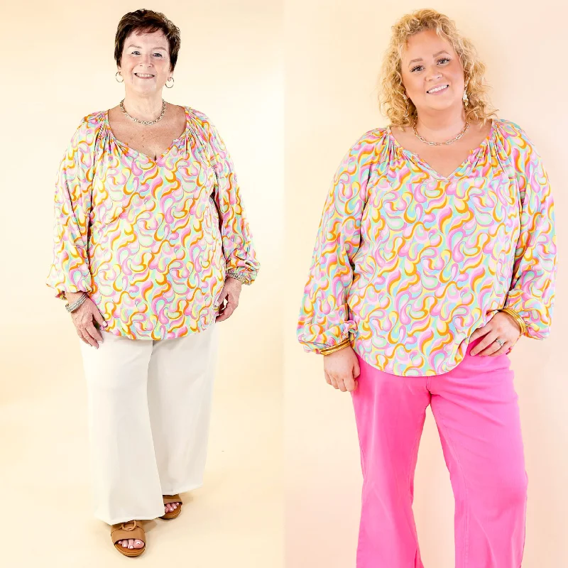 Follow Your Happiness Notched V Neck Psychedelic Top with Long Sleeves in Pink Mix