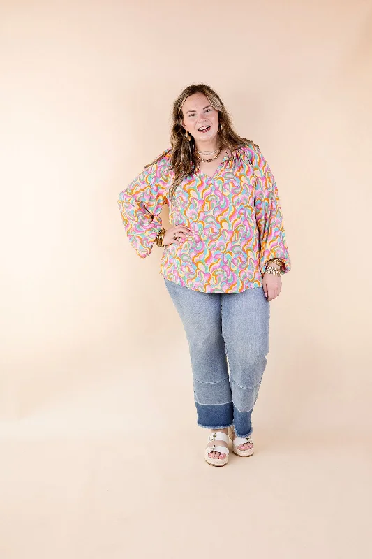 Follow Your Happiness Notched V Neck Psychedelic Top with Long Sleeves in Pink Mix