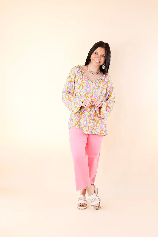 Follow Your Happiness Notched V Neck Psychedelic Top with Long Sleeves in Pink Mix