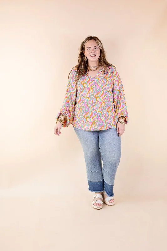 Follow Your Happiness Notched V Neck Psychedelic Top with Long Sleeves in Pink Mix