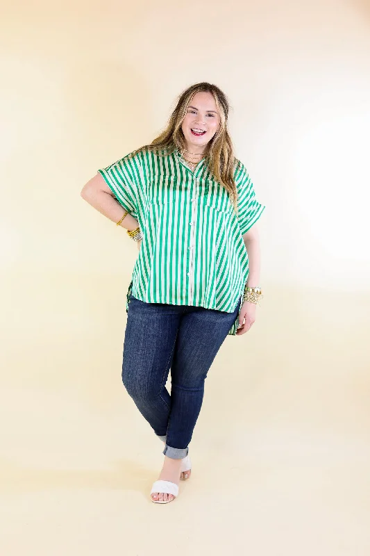 Free To Be Fab Button Up Short Sleeve Striped Top in Green