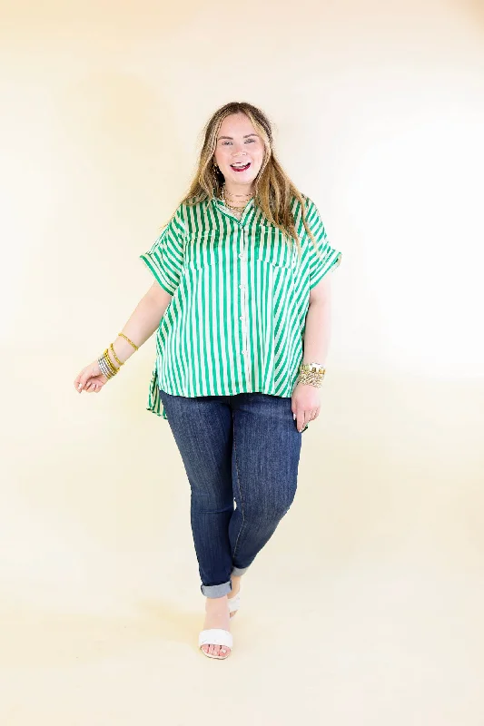 Free To Be Fab Button Up Short Sleeve Striped Top in Green