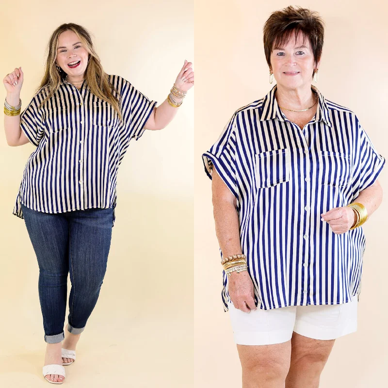 Free To Be Fab Button Up Short Sleeve Striped Top in Navy Blue