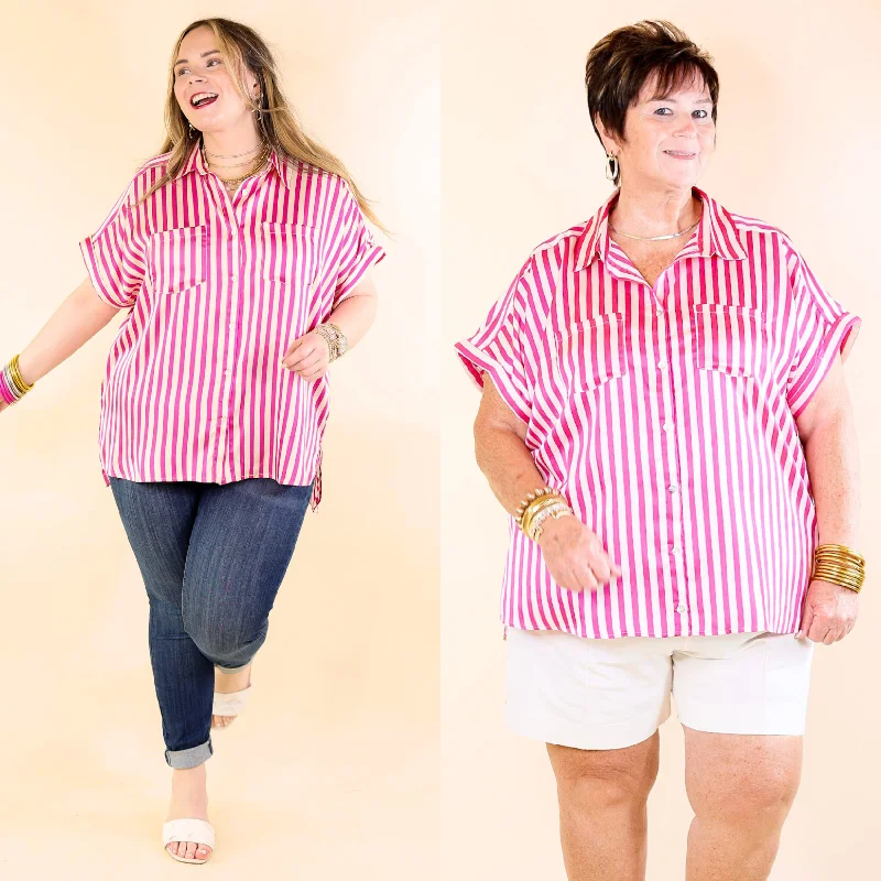 Free To Be Fab Button Up Short Sleeve Striped Top in Pink