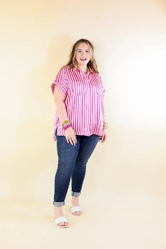 Free To Be Fab Button Up Short Sleeve Striped Top in Pink