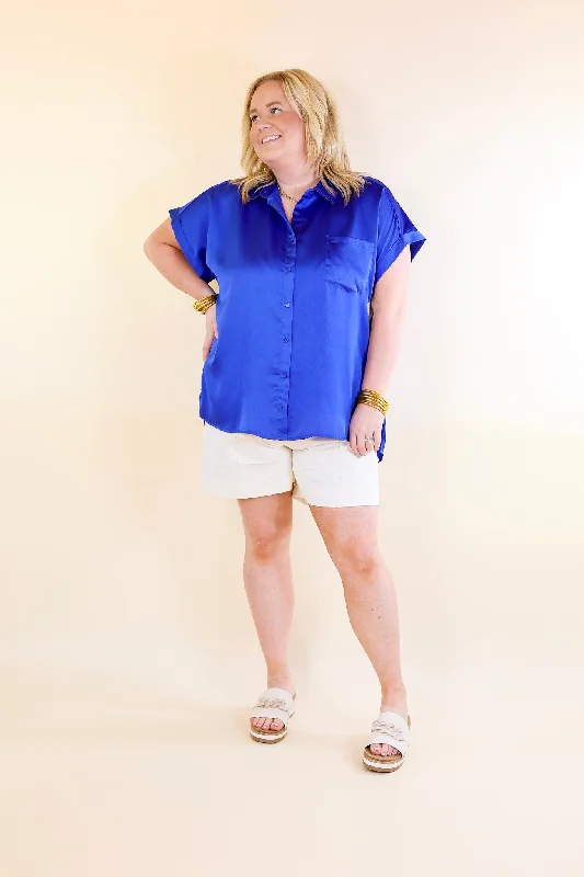 Free To Be Fab Button Up Short Sleeve Top in Royal Blue