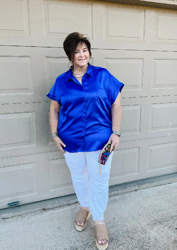 Free To Be Fab Button Up Short Sleeve Top in Royal Blue