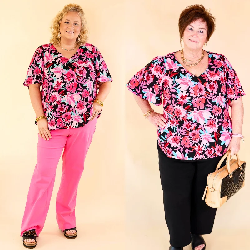 Giving You More Pink Floral Print V Neck Blouse in Black