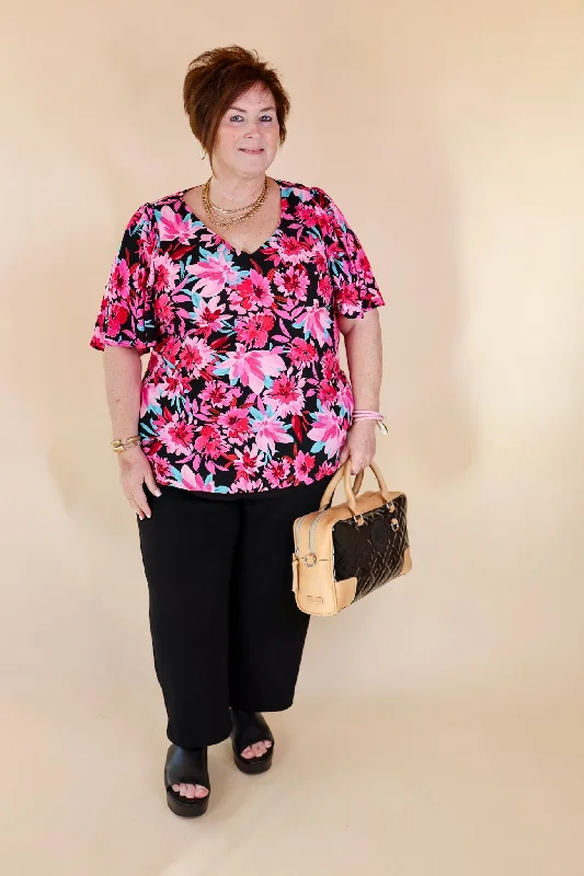 Giving You More Pink Floral Print V Neck Blouse in Black