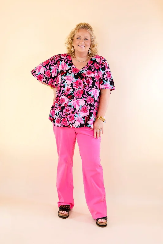 Giving You More Pink Floral Print V Neck Blouse in Black