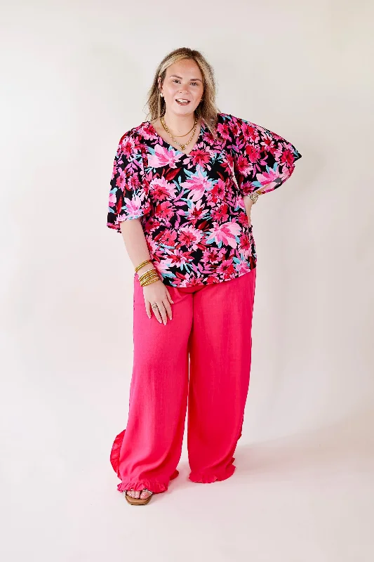 Giving You More Pink Floral Print V Neck Blouse in Black