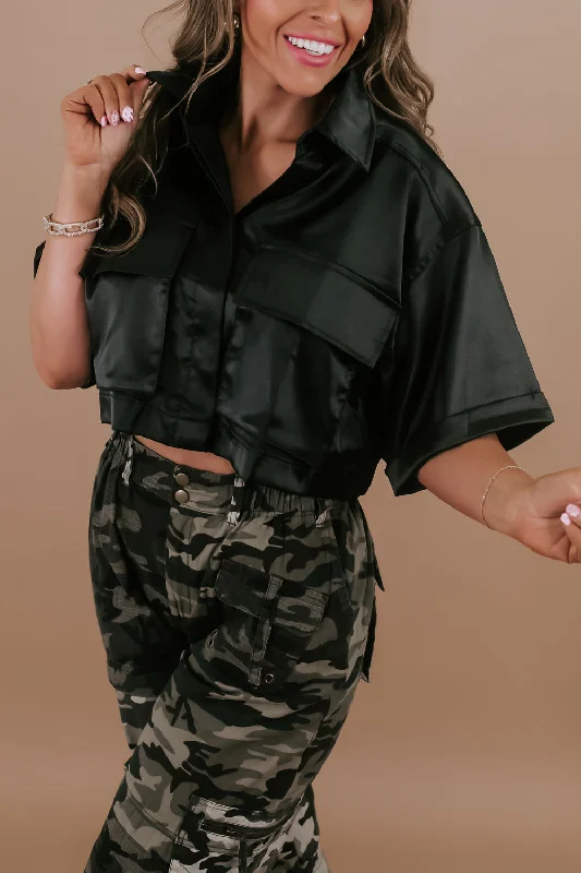 Silk Pocket Button Up Crop Top, Black