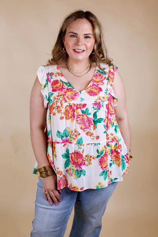 Inspiring Sights Floral V Neck Top with Ruffle Cap Sleeves in White