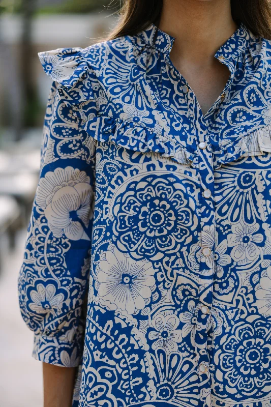 Keep It Up Blue Floral Ruffled L/S Blouse