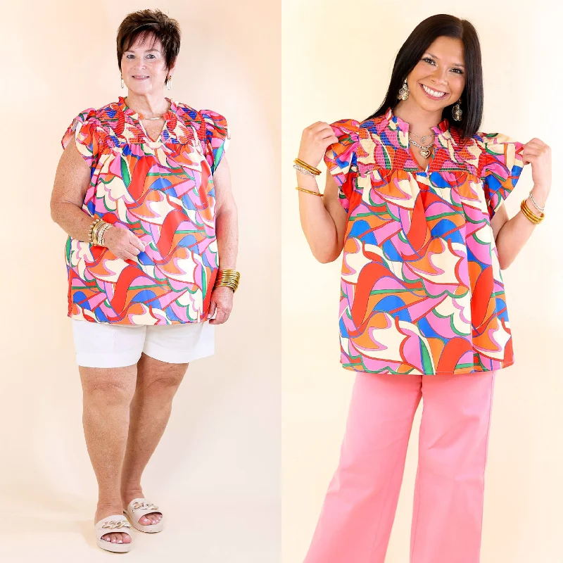 Lovely Line Up Abstract Print Top with Ruffle Cap Sleeves in Pink, Red, Blue and Cream Mix