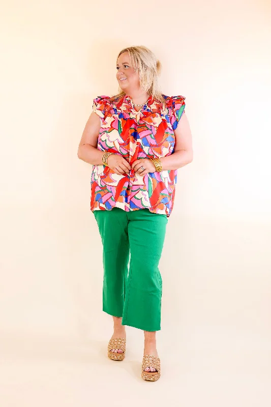 Lovely Line Up Abstract Print Top with Ruffle Cap Sleeves in Pink, Red, Blue and Cream Mix