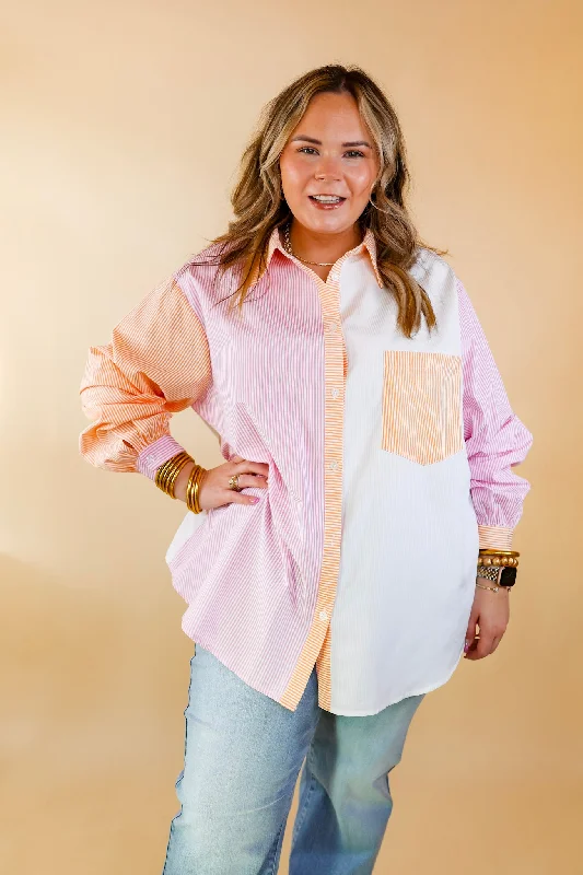 Picture This Pin Stripe Color Block Button Up Top in Pink and Orange