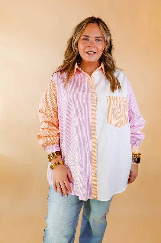 Picture This Pin Stripe Color Block Button Up Top in Pink and Orange