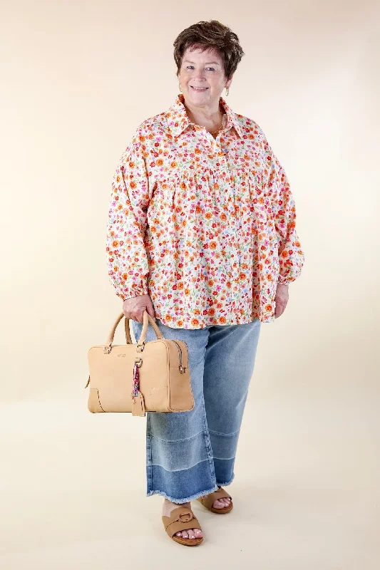 Secret Garden Floral Print Top with Collar and Long Sleeves in Cream