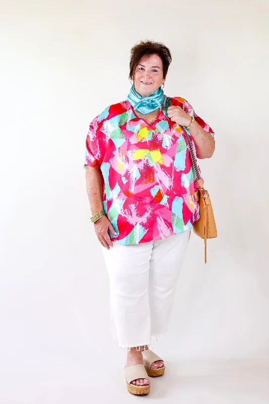 Spring It On Multi Color Brush Stroke Print Poncho Top in Pink Mix