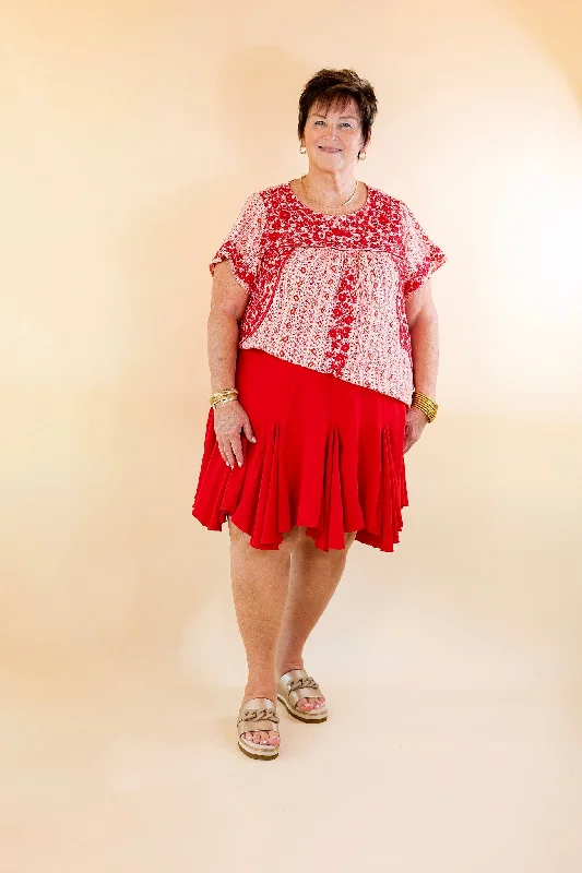 Sunny Day Floral Print Top with Red Floral Embroidery in Off White