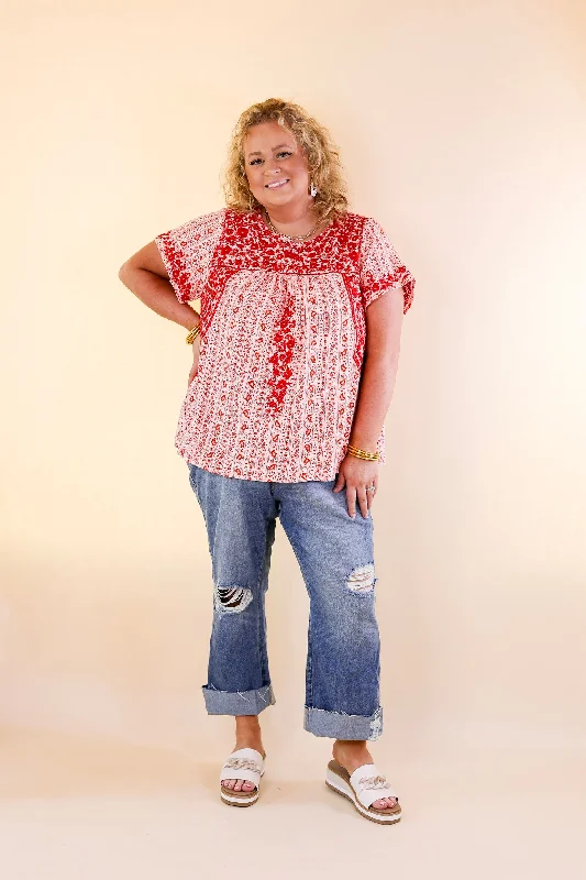 Sunny Day Floral Print Top with Red Floral Embroidery in Off White