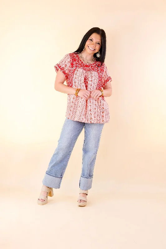 Sunny Day Floral Print Top with Red Floral Embroidery in Off White