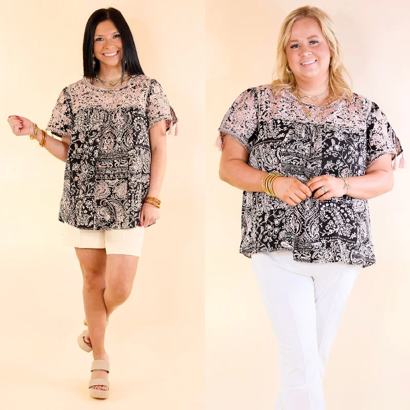 Sweet And Charming Paisley and Floral Print Top with Light Pink Floral Embroidery in Black