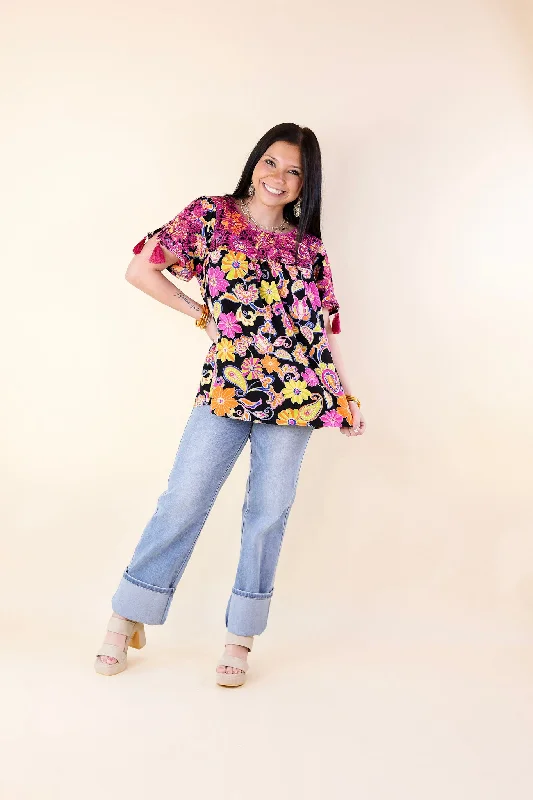 Sweet And Charming Paisley and Floral Print Top with Purple Floral Embroidery in Black