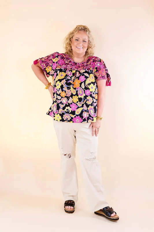 Sweet And Charming Paisley and Floral Print Top with Purple Floral Embroidery in Black