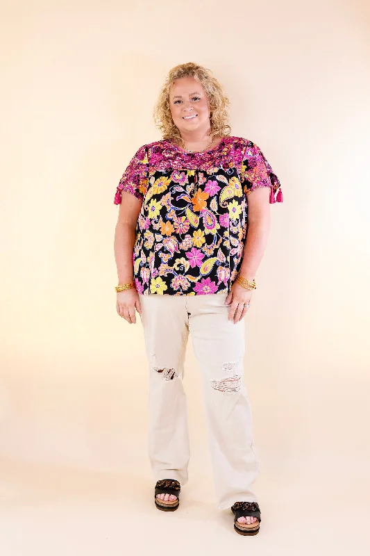 Sweet And Charming Paisley and Floral Print Top with Purple Floral Embroidery in Black