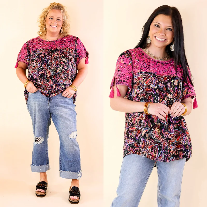 Sweet And Charming Paisley Print Top with Purple Floral Embroidery in Black