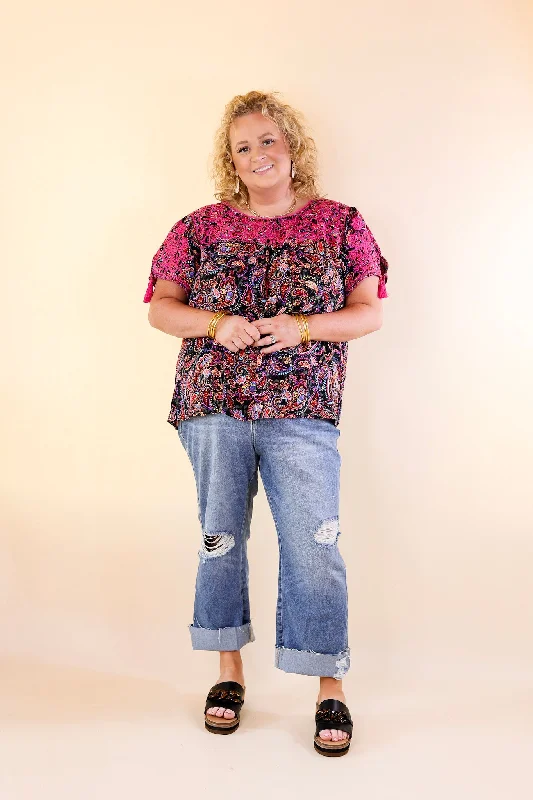 Sweet And Charming Paisley Print Top with Purple Floral Embroidery in Black