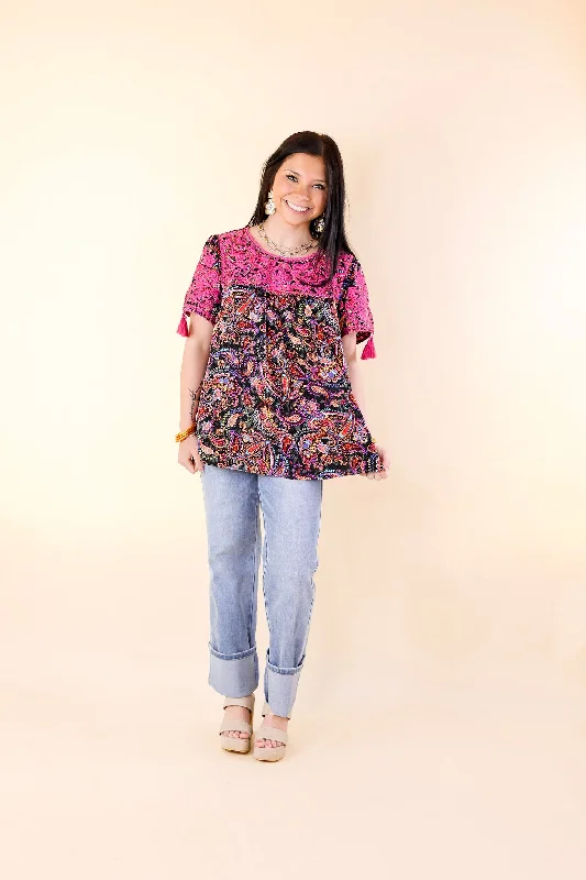 Sweet And Charming Paisley Print Top with Purple Floral Embroidery in Black