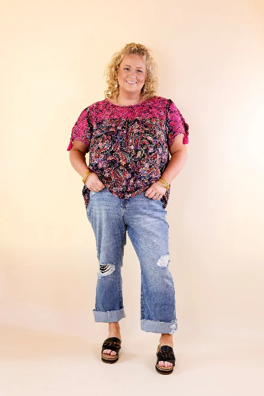 Sweet And Charming Paisley Print Top with Purple Floral Embroidery in Black