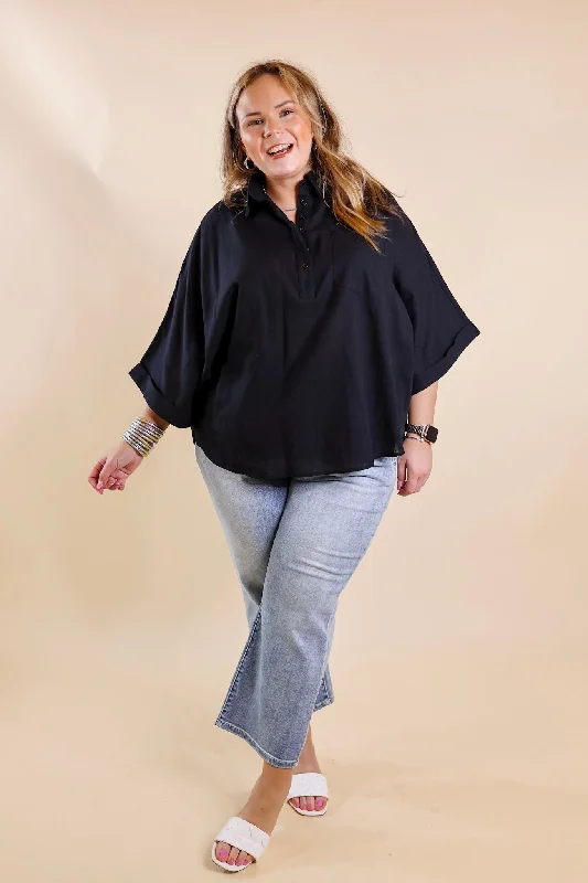 Sweet Surprise Half Button Up Poncho Top with Collared Neckline in Black