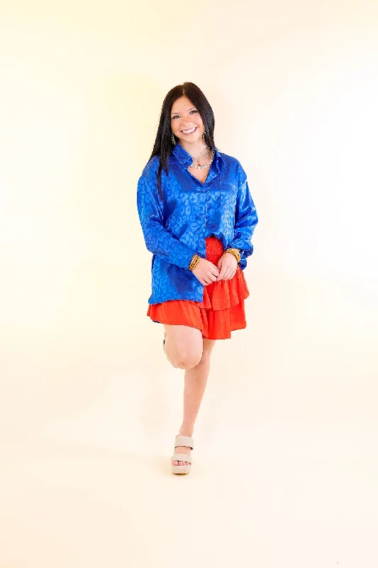 Top It Off Long Sleeve Button Up Satin Leopard Top in Blue