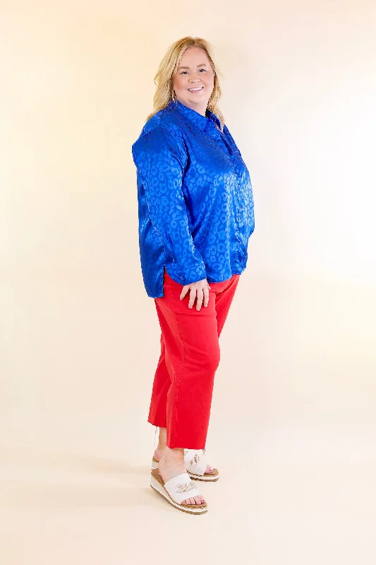 Top It Off Long Sleeve Button Up Satin Leopard Top in Blue