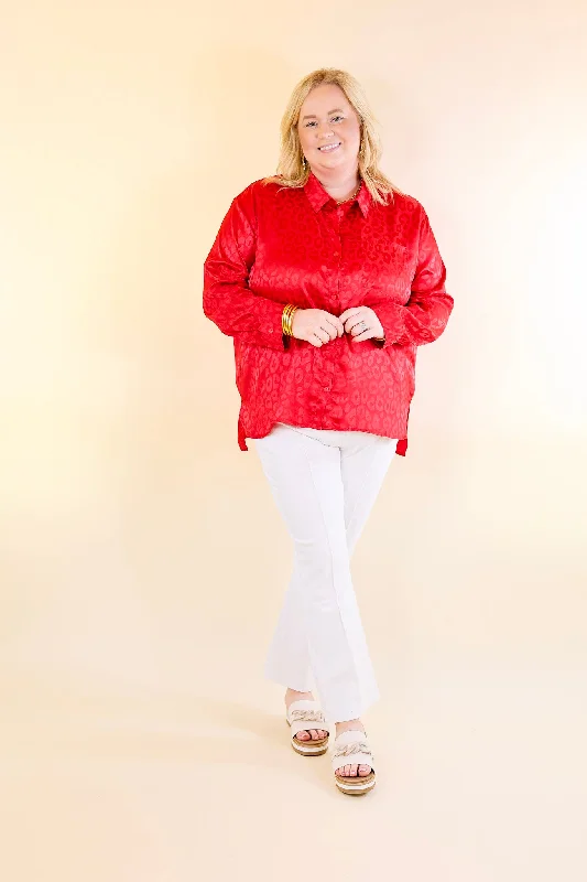 Top It Off Long Sleeve Button Up Satin Leopard Top in Red