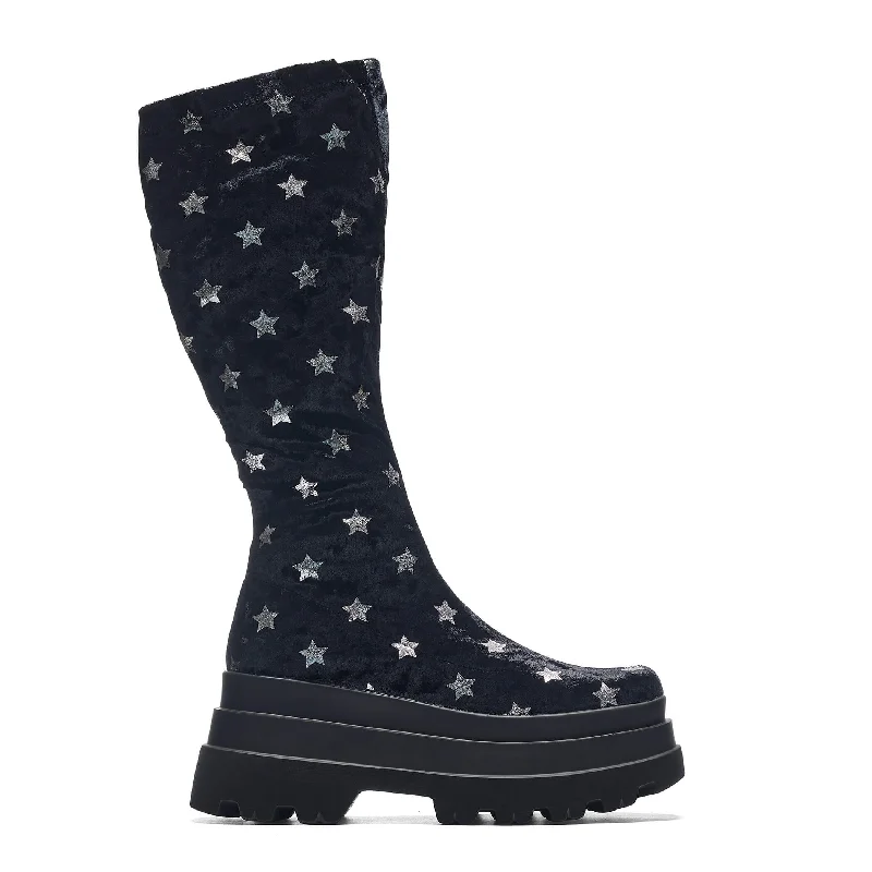 Celestial Dusk Trident Velvet Long Boots - Night Sky