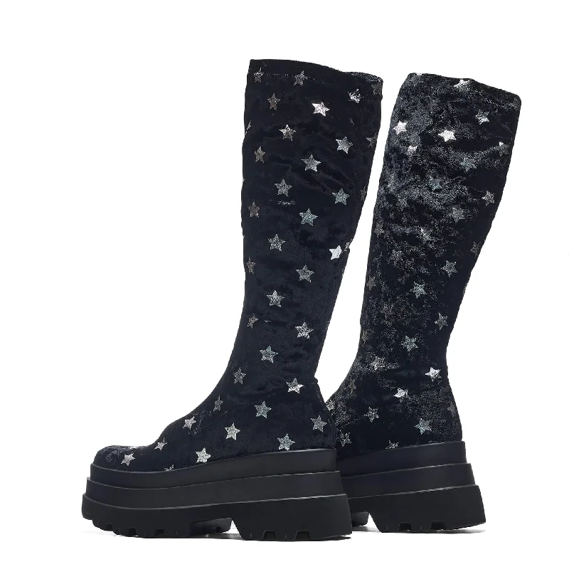 Celestial Dusk Trident Velvet Long Boots - Night Sky