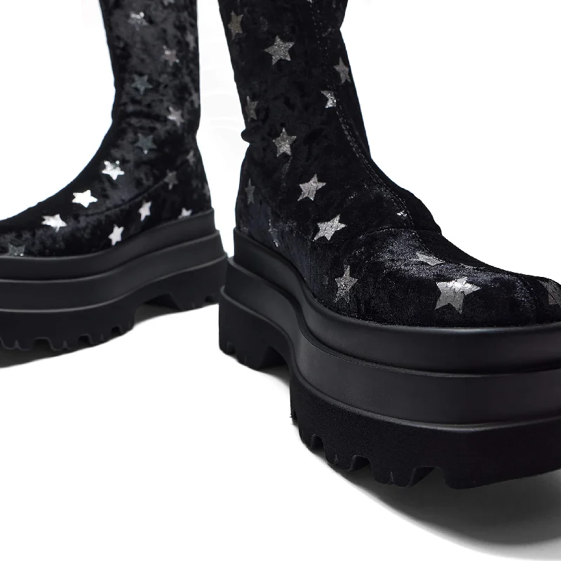 Celestial Dusk Trident Velvet Long Boots - Night Sky