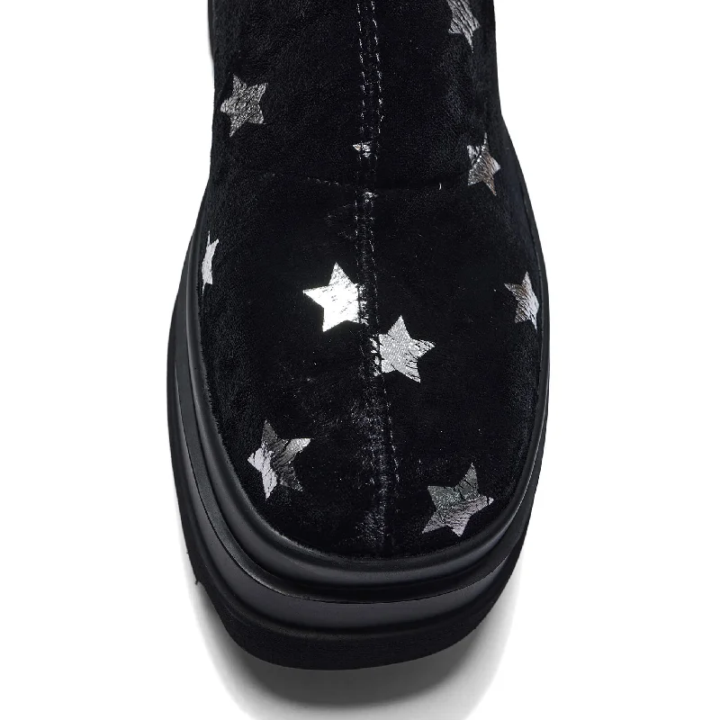 Celestial Dusk Trident Velvet Long Boots - Night Sky