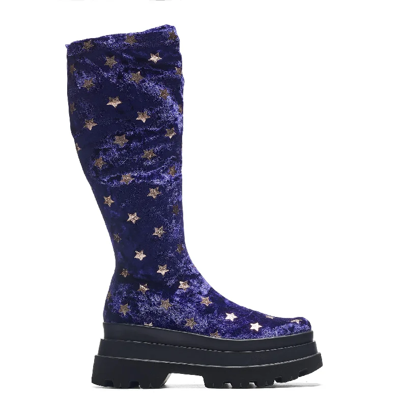 Celestial Dusk Trident Velvet Long Boots - Spellbound Purple