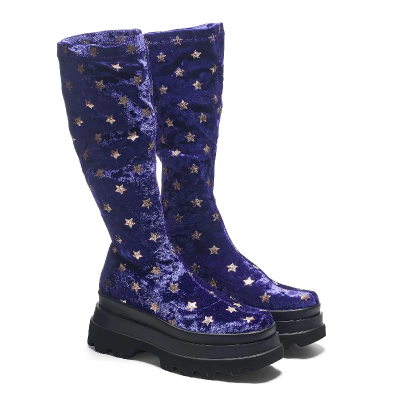 Celestial Dusk Trident Velvet Long Boots - Spellbound Purple