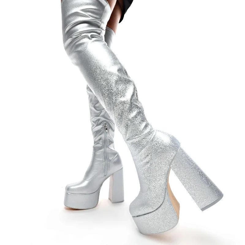 The Redemption Plus Size Thigh High Boots - Silver