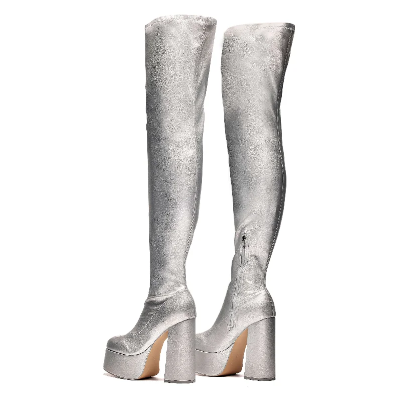 The Redemption Plus Size Thigh High Boots - Silver