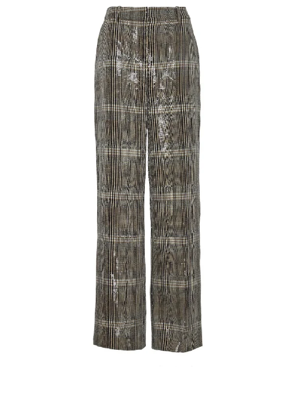 Sequin Plaid Flat Front Wide Leg Pants