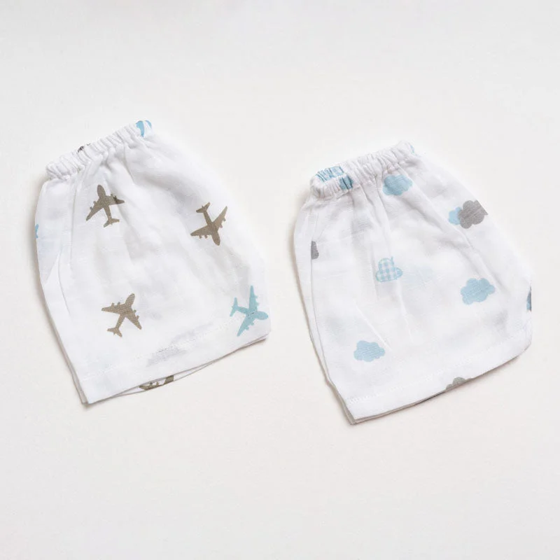 Aariro White Shorts-Aeroplane and Cloud Print-Organic Cotton Muslin-Pack of 2-For Infants