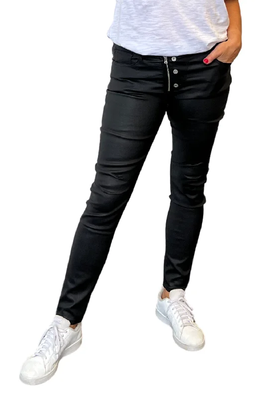 Waxed Button Zip Italian Jean | Black